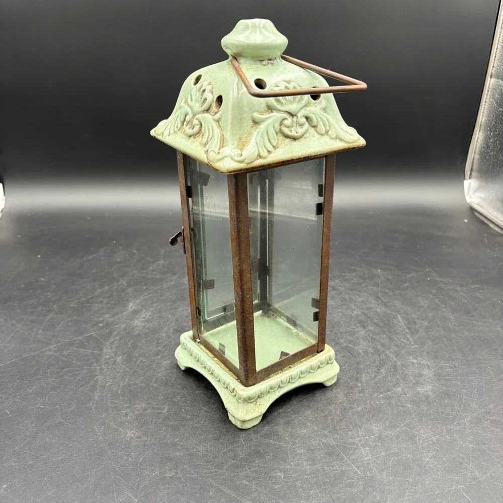 Vtg Heavy Sage Green Ceramic and Metal Glass Candle Lantern Rustic Decor Patina
